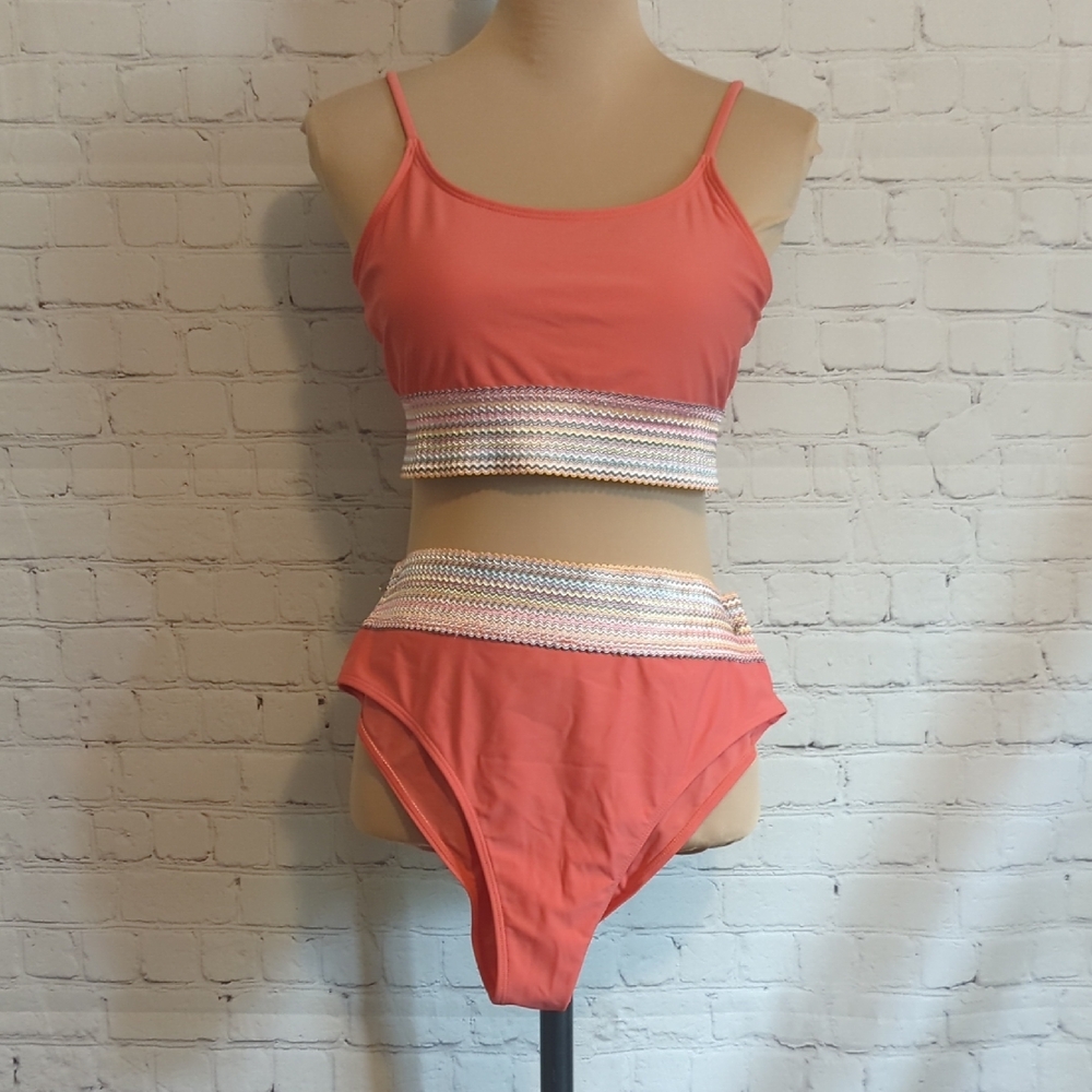 Coral Bikini Set with Striped Accents